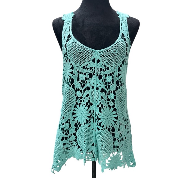 Breeze Ever Tops - Breeze Ever Teal Floral Crochet Tank Top Boho Beach Cover Up Size M
